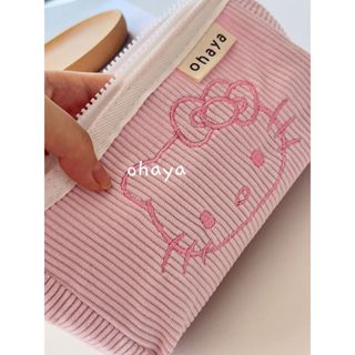  hello kitty Corduroy pen Case đơn giản hình con tàu túi bút màu hồng Văn phòng phẩm Túi đựng mỹ phẩm 