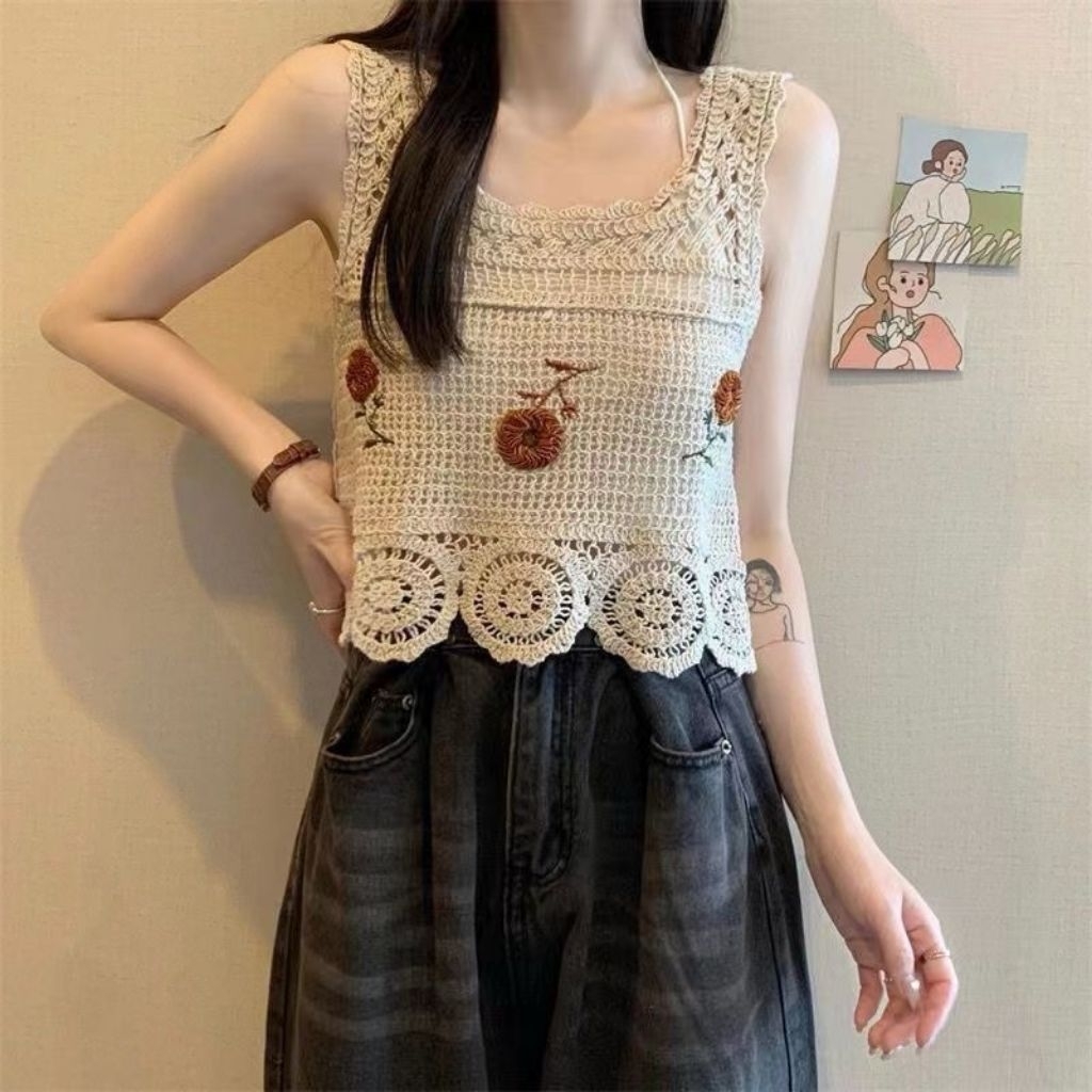 Áo len móc không tay thêu hoa croptop xinh xắn