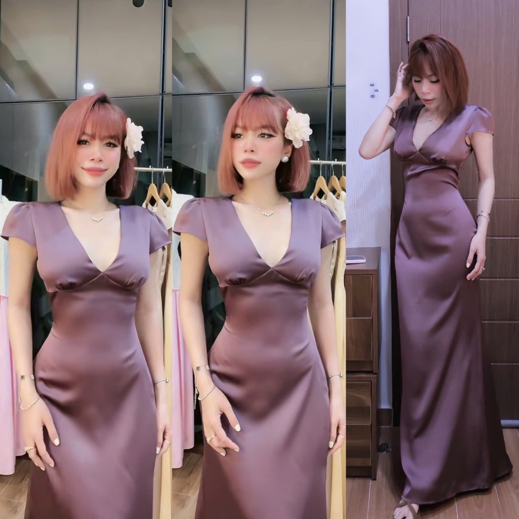 ĐẦM LỤA  có tay, nhún v1, có khóa kéo bên hông, dáng đuôi cá nhẹ, vải lụa tô châu ( Mã 7480 ) | BigBuy360 - bigbuy360.vn