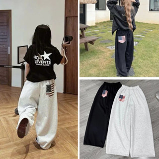  Quần suông nữ ống rộng Unisex,quần nỉ cạp chun dây rút phối túi sau in cờ chất nỉ mềm basic dễ mặc phong cách Hàn 