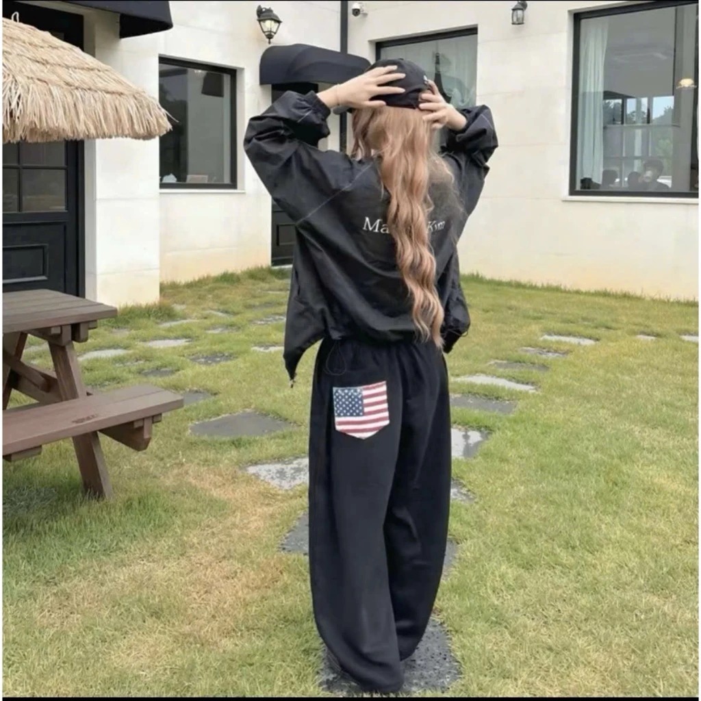 Quần suông nữ ống rộng Unisex,quần nỉ cạp chun dây rút phối túi sau in cờ chất nỉ mềm basic dễ mặc phong cách Hàn | BigBuy360 - bigbuy360.vn