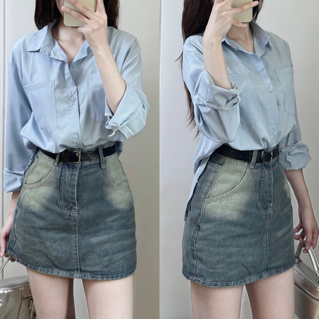 TIENSTYLE - Chân váy jean dáng ngắn chữ A lót quần trong màu xanh bụi, Chân váy jean Bigsize 75kg