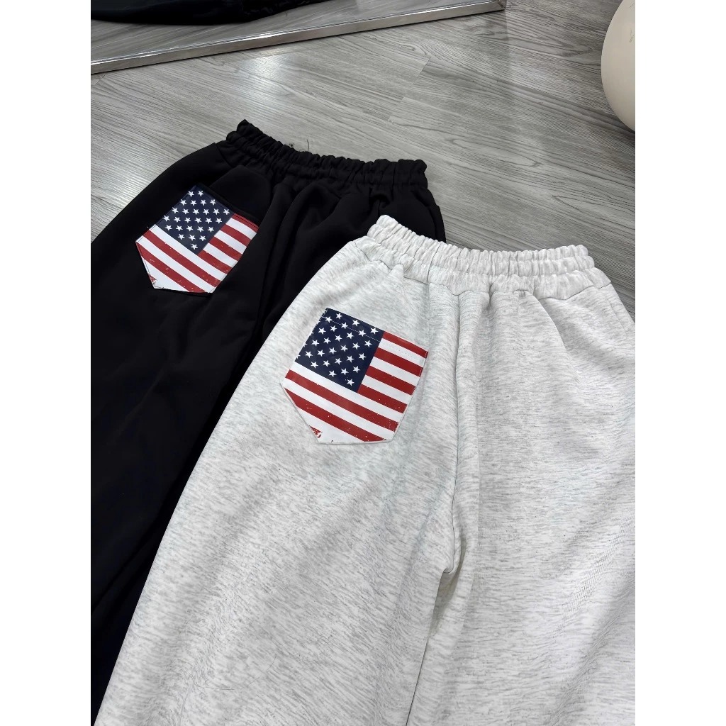 Quần suông nữ ống rộng Unisex,quần nỉ cạp chun dây rút phối túi sau in cờ chất nỉ mềm basic dễ mặc phong cách Hàn | BigBuy360 - bigbuy360.vn