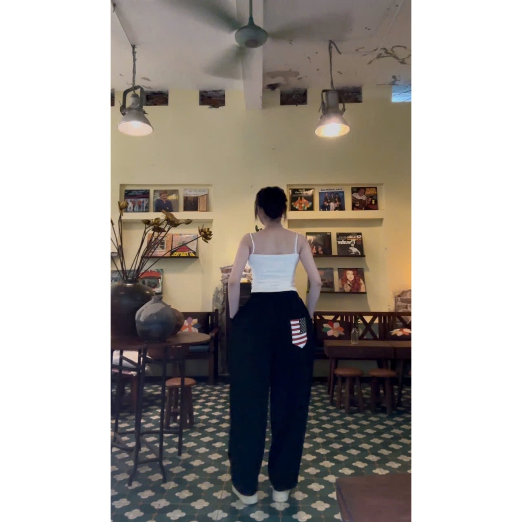 Quần suông nữ ống rộng Unisex,quần nỉ cạp chun dây rút phối túi sau in cờ chất nỉ mềm basic dễ mặc phong cách Hàn | BigBuy360 - bigbuy360.vn