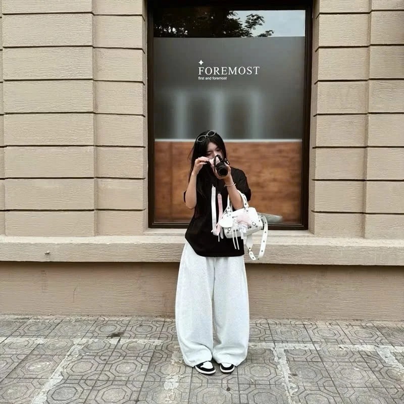 Quần suông nữ ống rộng Unisex,quần nỉ cạp chun dây rút phối túi sau in cờ chất nỉ mềm basic dễ mặc phong cách Hàn | BigBuy360 - bigbuy360.vn