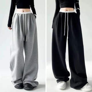  Quần dài thể thao ống rộng,quần nỉ nữ cạp cao phối cạp trắng dây rút kiểu dáng Hàn cực tôn dáng 