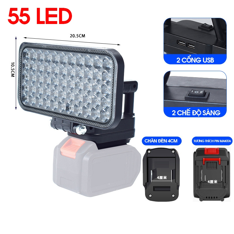 Đèn LED Siêu Sáng Sử Dụng Pin Makita 55 LED Với 2 Chế Độ Sáng, Có Cổng Sạc Điện Thoại USB