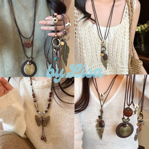 Dây Chuyền Boho Phong Cách Cổ Điển, Vòng Cổ Lông Vũ Hạt Chuỗi Gỗ Bohemian byLisa