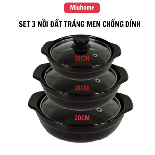 Nồi đất kho cá, Nồi cơm niêu, nấu mì cay, hầm thịt tráng men chống dính nắp kính nhiều size tiện ích - MiuHome