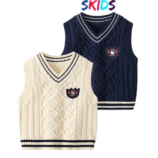  Áo len gile bé trai SKIDS áo khoác len ba lỗ sát nách cho trẻ em 2 đến 8 tuổi thu đông họa tiết thêu 