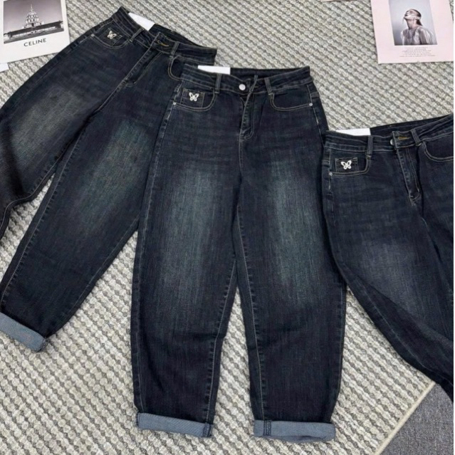 quần jean nữ baggy ống rộng, baggy jean co dãn lưng cao