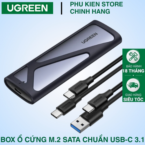 Box ổ cứng M.2 Sata chuẩn USB-C 3.1 GEN 2 Ugreen Hổ trợ NVMe + NGFF 10Gbps Tặng kèm 2 dây USB C