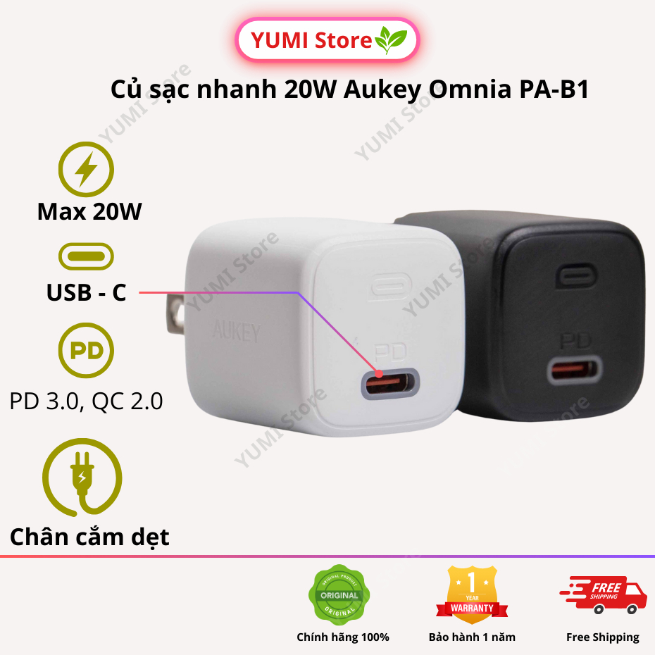 Củ sạc nhanh 20W Omnia Aukey PA-B1 PD, QC 20W sạc nhanh cho SS, IP, OPPO... - Bảo hành 12 tháng