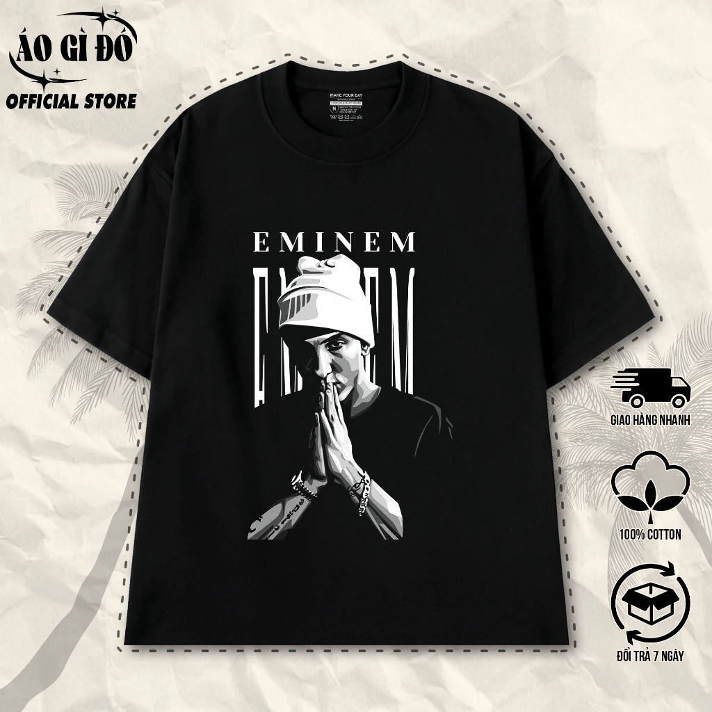 Áo Thun Eminem Slim Shady Portrait Poster, Hip Hop Tay Ngắn Cổ Tròn Tôn Dáng Oversize 100% Cotton