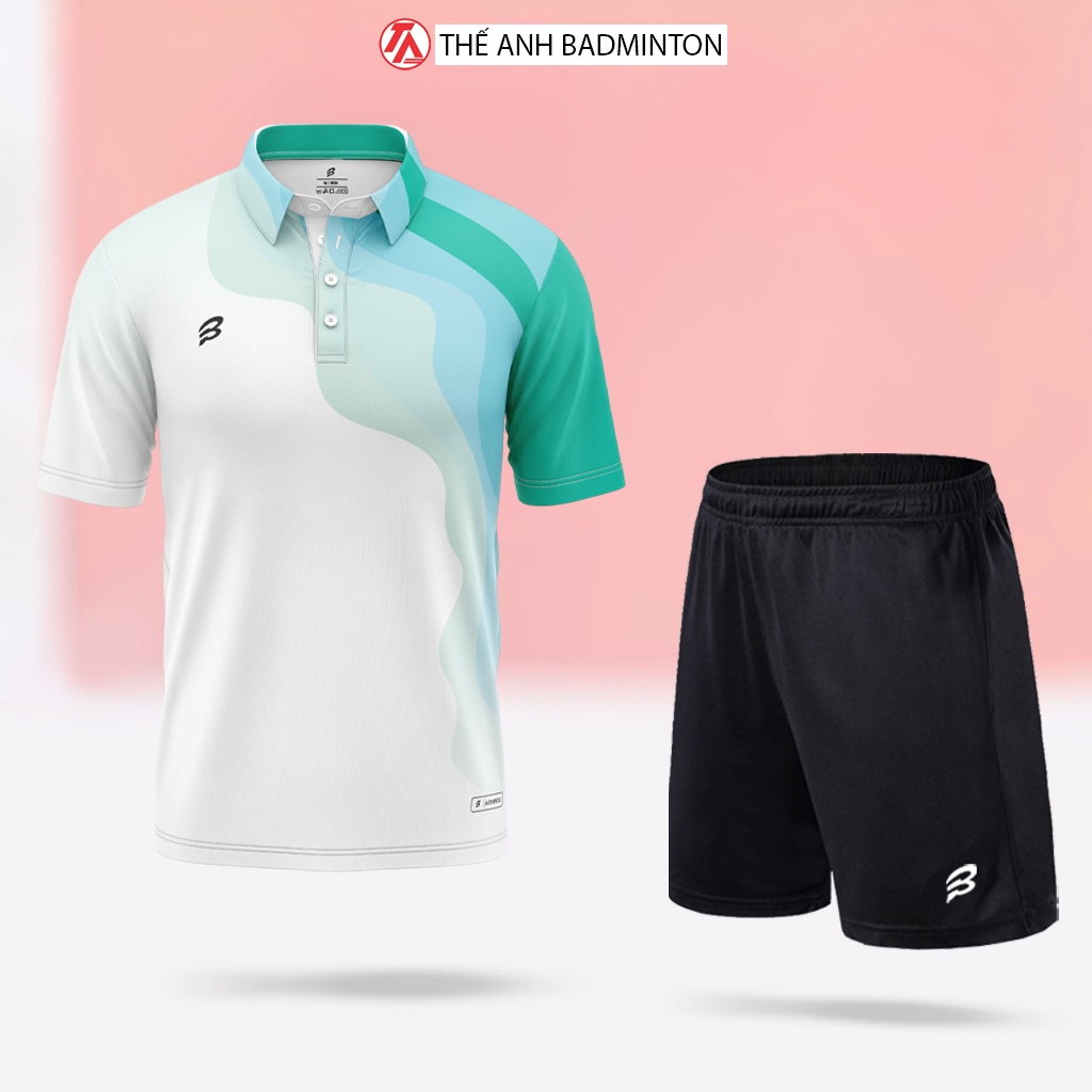 Bumbee Áo Cầu Lông Nam Nữ Bumbee Trắng Xanh - Áo Polo Thể Thao Unisex Vải Mè Co Giãn 4 Chiều Thoáng 