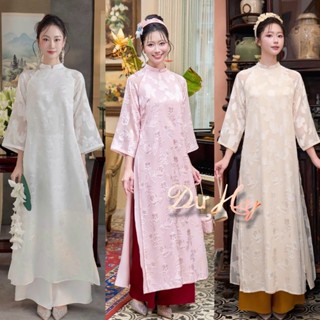  Áo dài cách tân DƯ HY cổ tàu 4 tà vải lụa tơ hoa nổi tay lỡ dáng suông mặc tết lễ đi chơi kèm quần lụa 