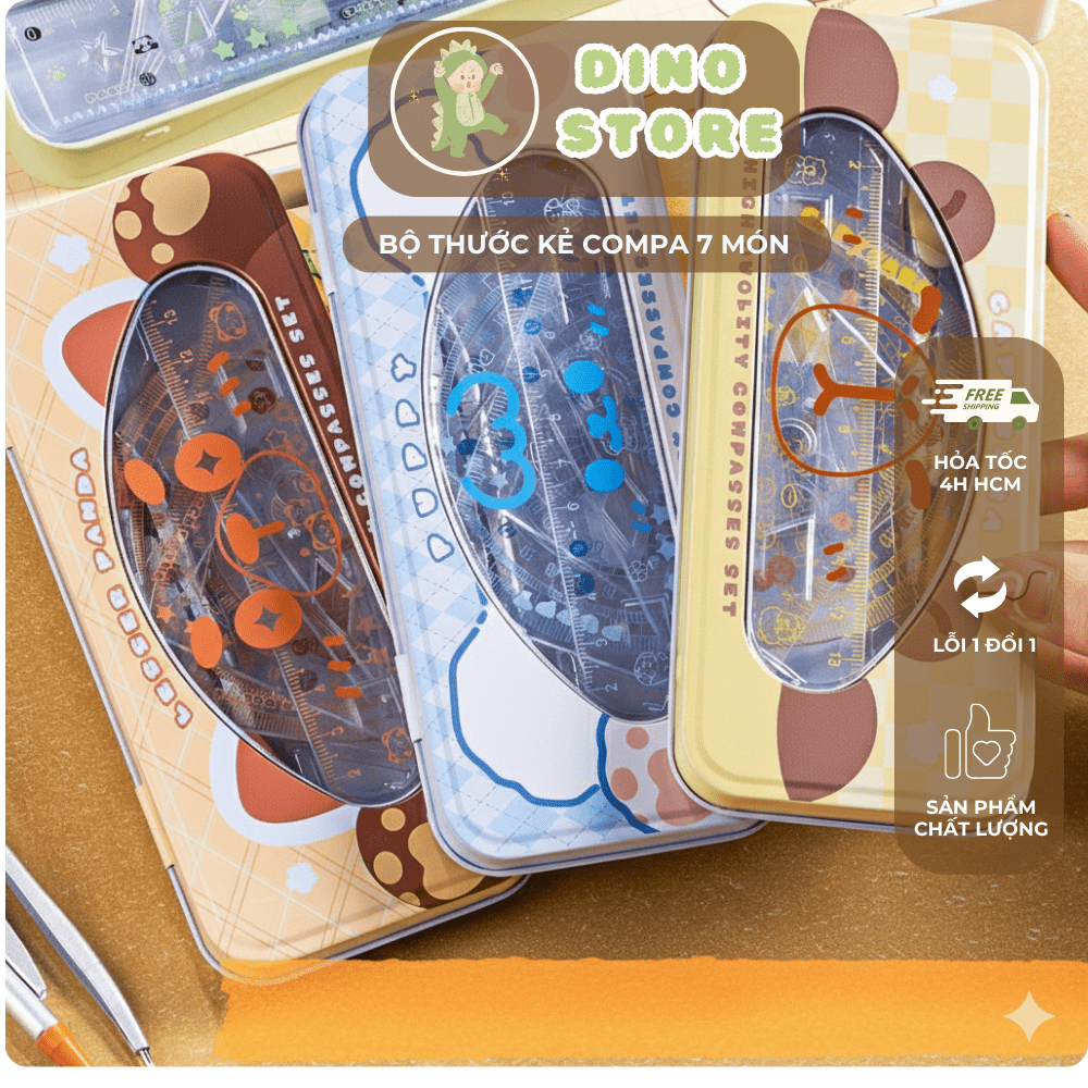 Bộ Compa Thước Kẻ Eke 7 Món HappyHome, Có Hộp Đựng Cao Cấp, Tiện Lợi, Mẫu Hot DINO STORE
