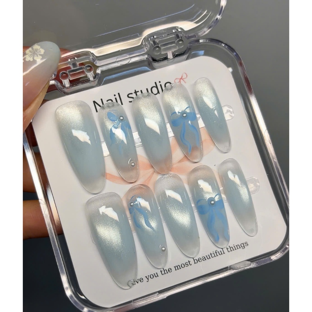 Nailbox Thiết Kế Ombre Xanh Baby Mắt Mèo Trong Suốt Siêu Bling Bling