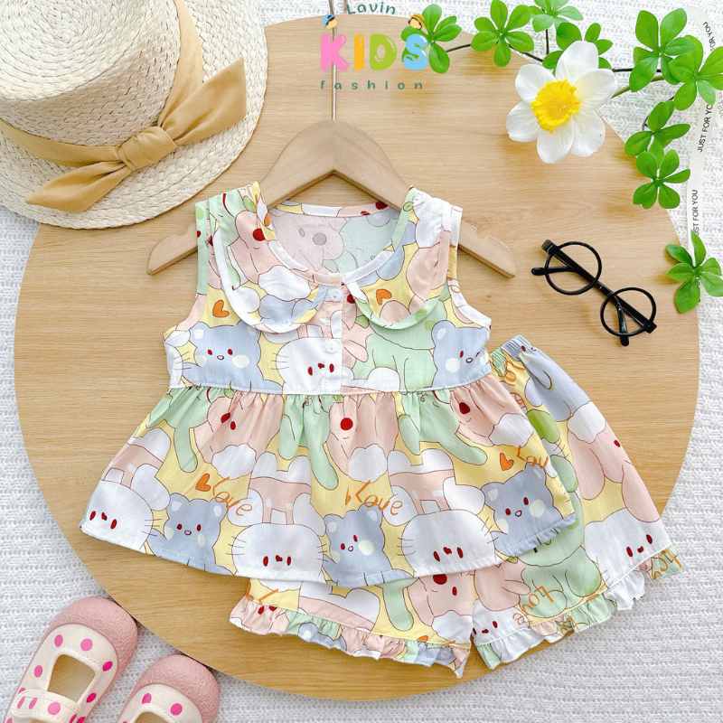 Bộ tole lanh bé gái sát nách cổ sen Lavin Kids 5-14kg mềm mịn, thoáng mát, ít co rút