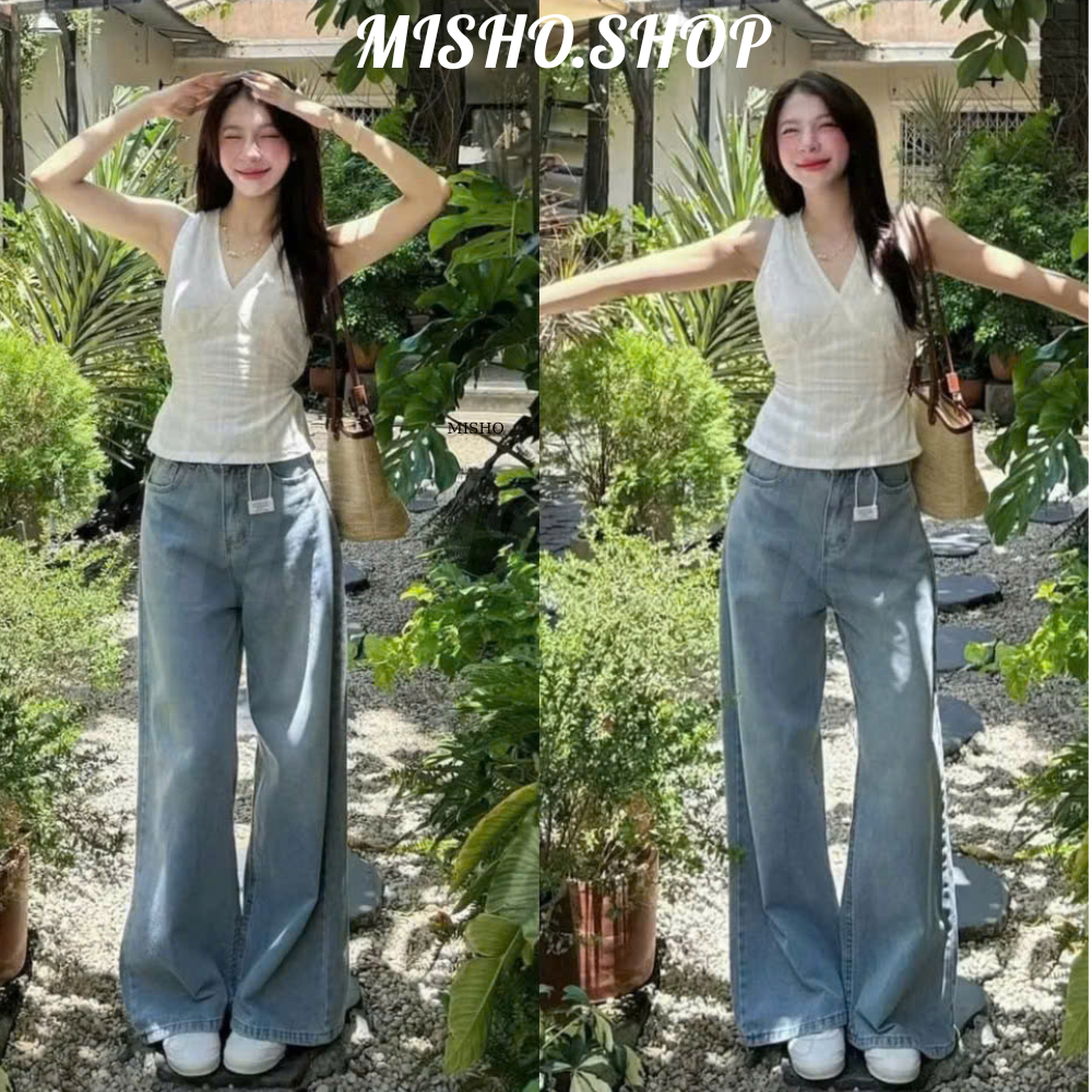 Quần jeans ống rộng suông Unisex MIAA Cạp Cao Tôn Dáng, Quần Jean Nữ Ống Rộng phong cách Retro Cá Tí