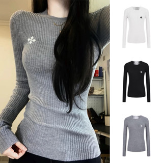   ẢNH THẬT  SẴN Áo len dài tay cổ tròn kín thêu logo ôm sát body màu basic cơ bản nữ sinh thu đông dễ phối retro y2k 