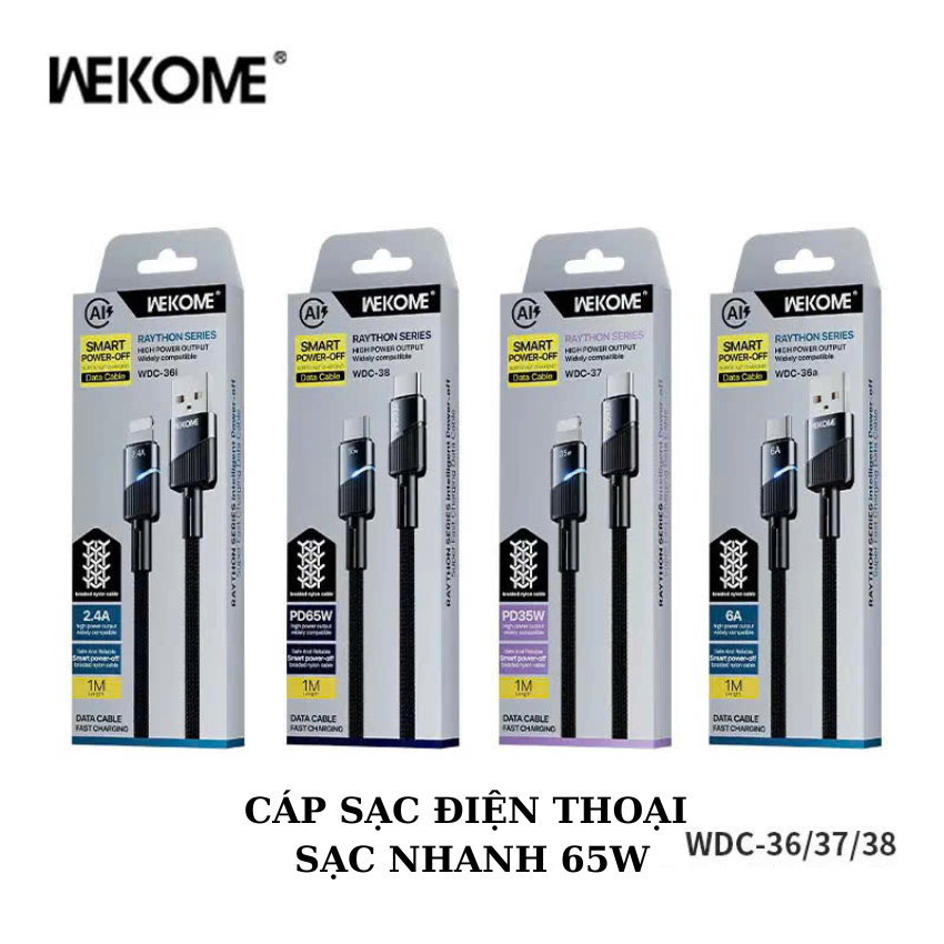 Cáp Sạc Điện Thoại Wekome Sạc Nhanh 65w Có Đèn Tín Hiệu Tự Động Ngắt Cho Phone Và Samsung
