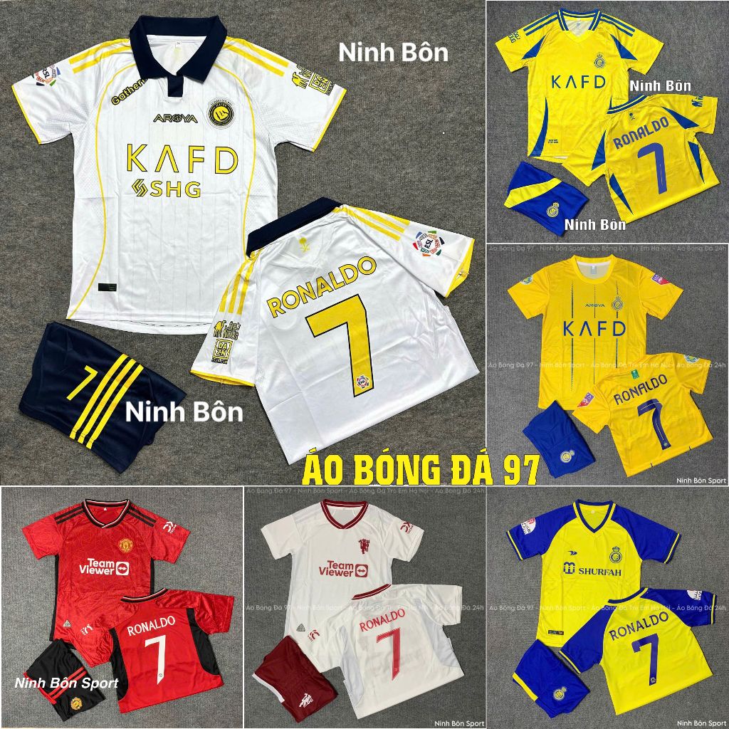  Quần Áo Đá Bóng Trẻ Em Al Nassr Cr7 Mẫu Mới 24 25 in Sẵn Cầu Thủ RONALDO - Vải Mè Kim Gai Mịn 