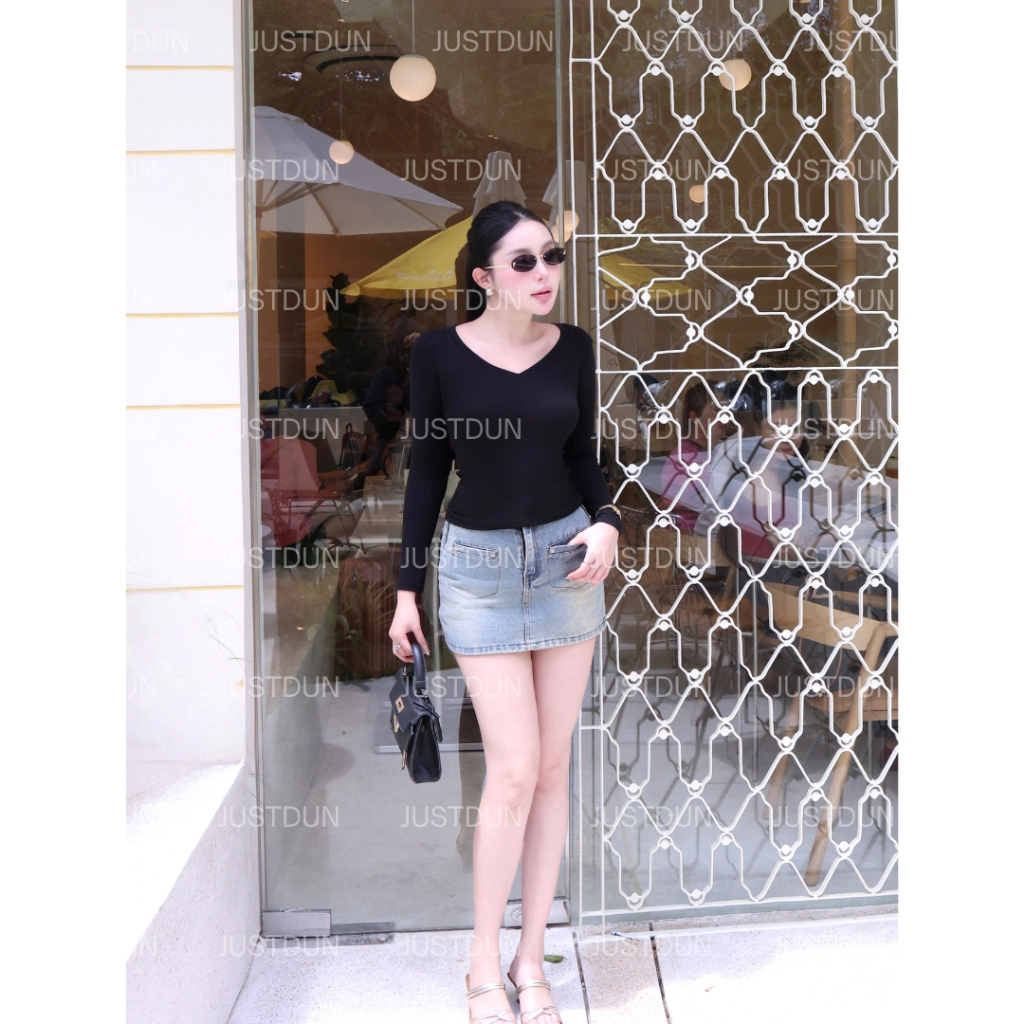 Áo Thun Nữ Cổ Tim Dài Tay JUSTDUN T28 - Ôm Body, Cotton Mềm Mại, Giữ Nhiệt, Co Giãn 4 Chiều | BigBuy360 - bigbuy360.vn