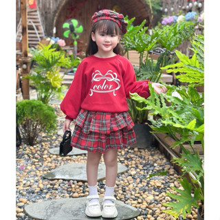 Đồ bộ bé gái, set nỉ bé gái, set váy bé gái, áo nỉ + cv kẻ màu đỏ mặc Noel, Tết, đi chơi, đi học 10-34kg Đậu Kids