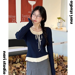 Áo thun brandy dài tay cổ tròn phối viền thắt nơ form ôm vải thun tăm co giãn thời trang coquette hàn quốc BD1 DELIZ