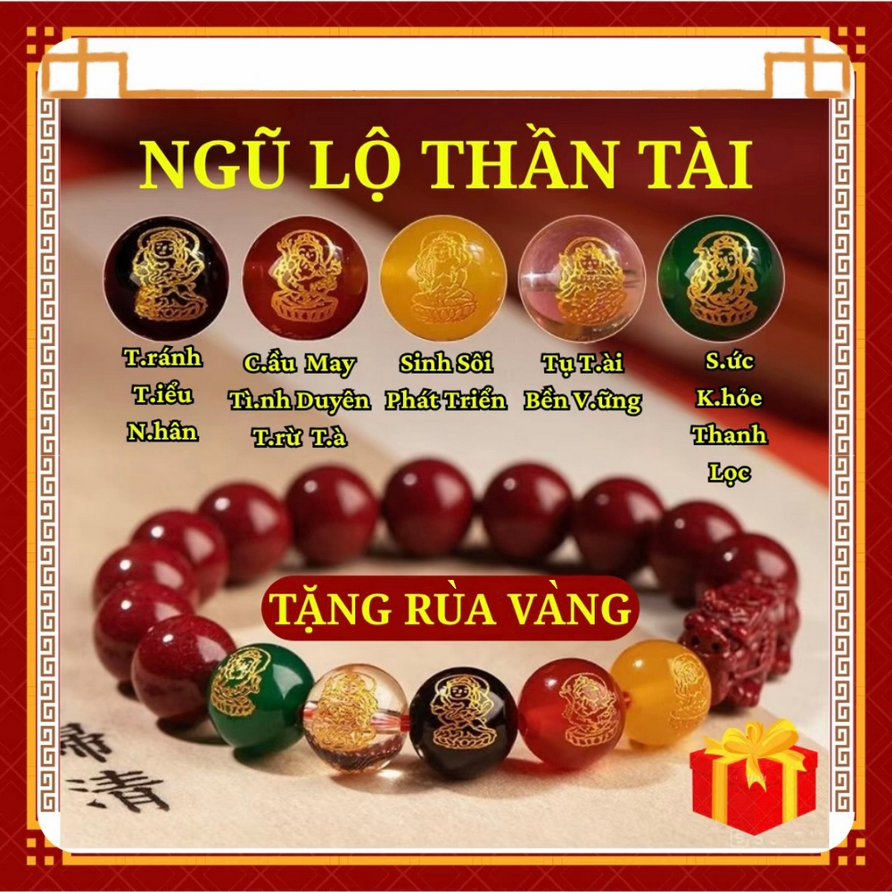 Vòng tay Chu sa phong thuỷ Ngũ Lộ Thần Tài may mắn tài lộc bình an vòng đá chu sa đỏ vòng hạt phật