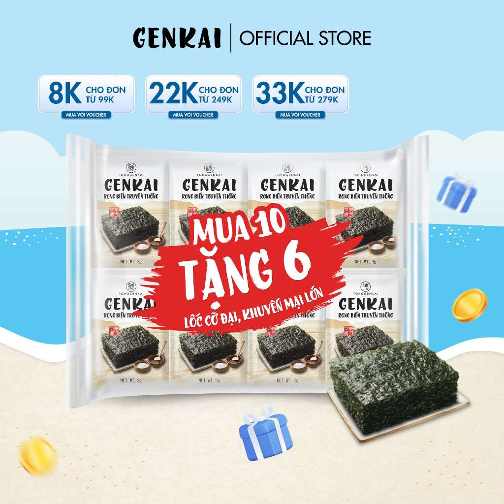[Mua 10 tặng 6] Combo 16 gói rong biển ăn liền Genkai vị truyền thống, lá xanh 4g