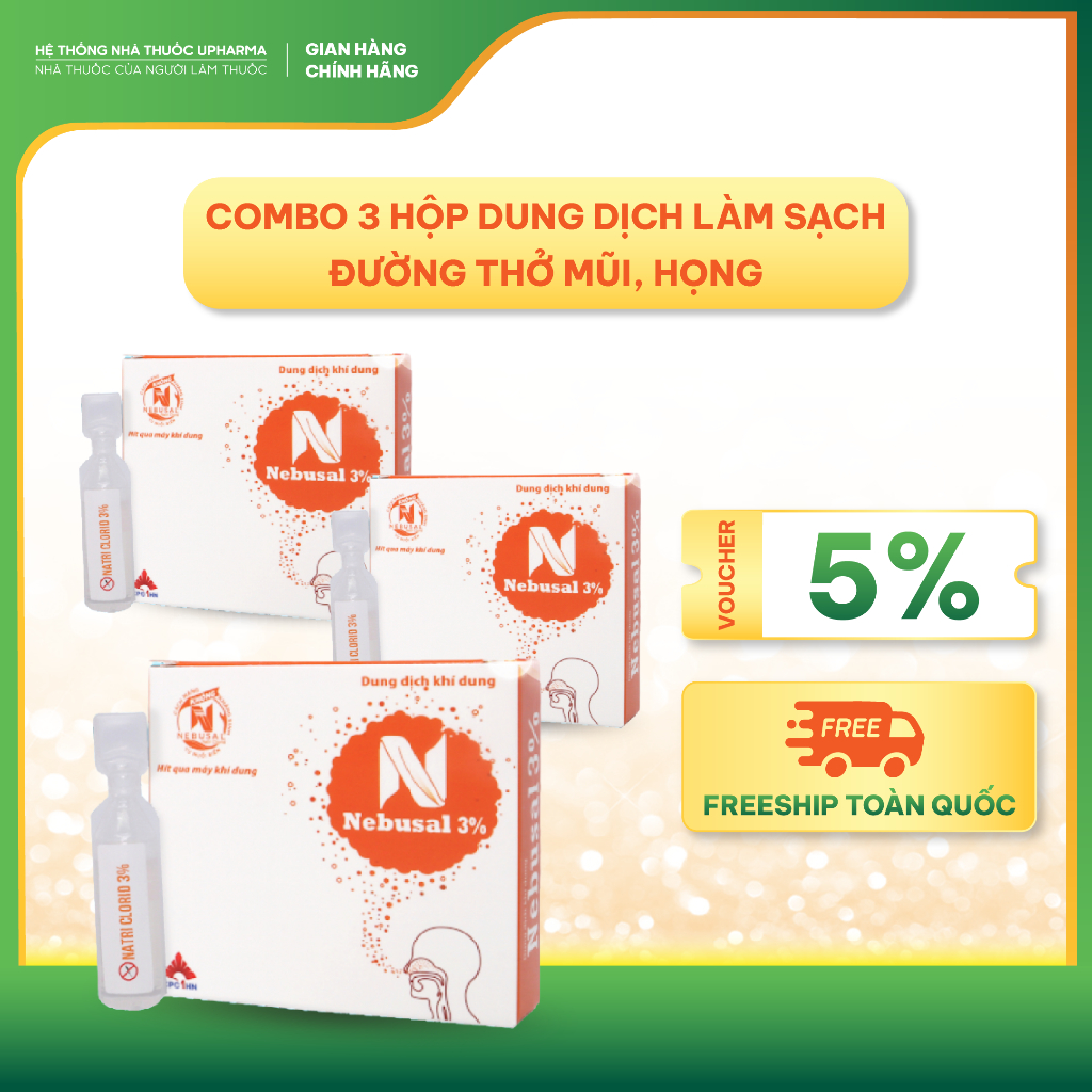 Combo 3 hộp Dung Dịch Khí Dung NEBUSAL 3% Làm Sạch Đường Thở Mũi, Họng Hộp 5 ống
