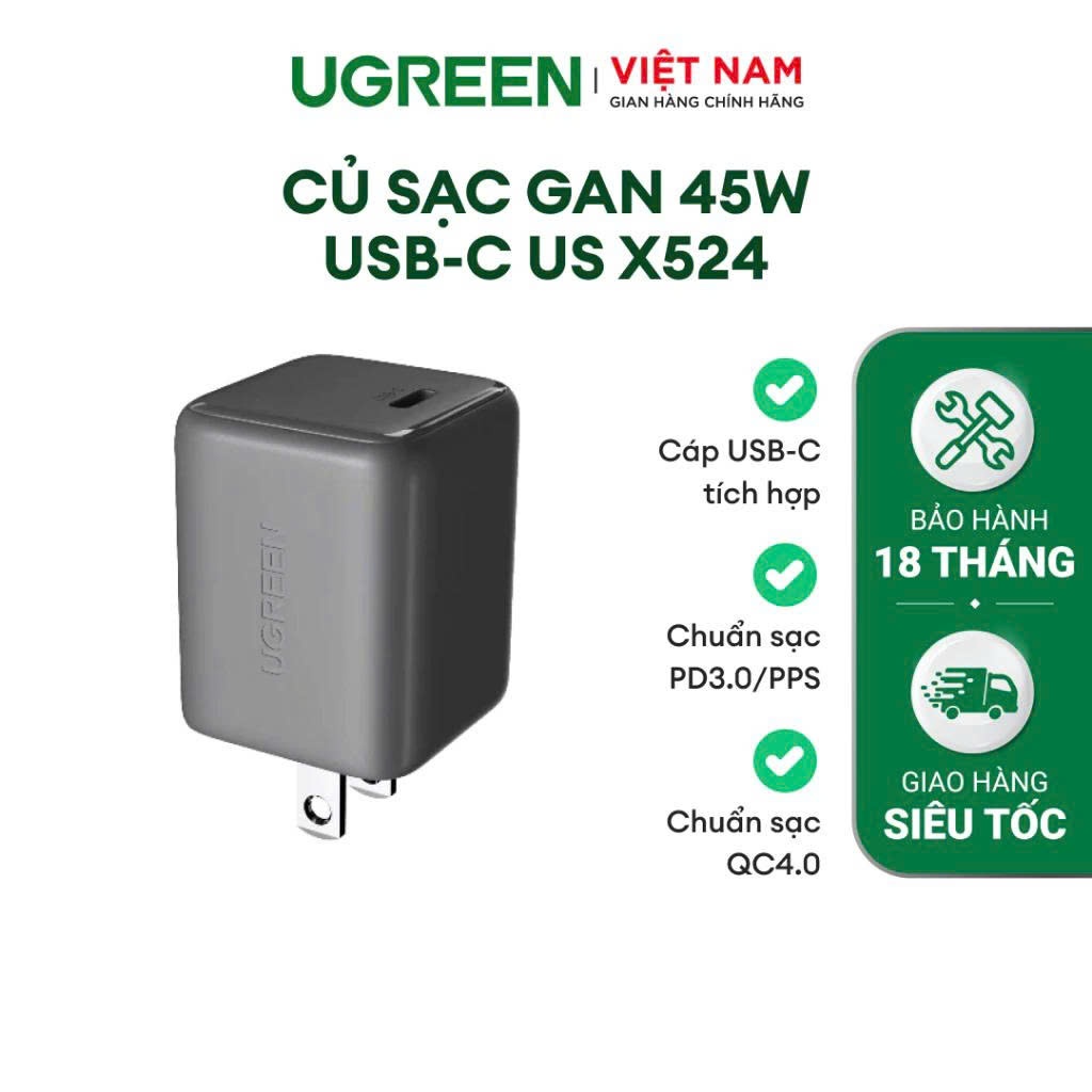 Bộ sạc nhanh iPhone 17 Pro Max Ugreen 45W GaN | Kèm cáp USB-C PD60W dài 1M | Bảo hành 18 tháng 1 đổi 1 | BigBuy360 - bigbuy360.vn