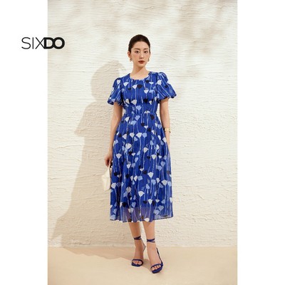 Đầm tơ organza xanh biển đậm họa tiết SIXDO (Dark Blue Floral Organza Flared Dress)