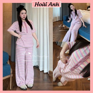 Set Bộ Đồ Nữ Len Tăm Kẻ Ngang Hồng Tím Áo Ngắn Tay Cổ Tròn Cài Cúc Lửng Mix Quần Suông Rộng Dáng Dài