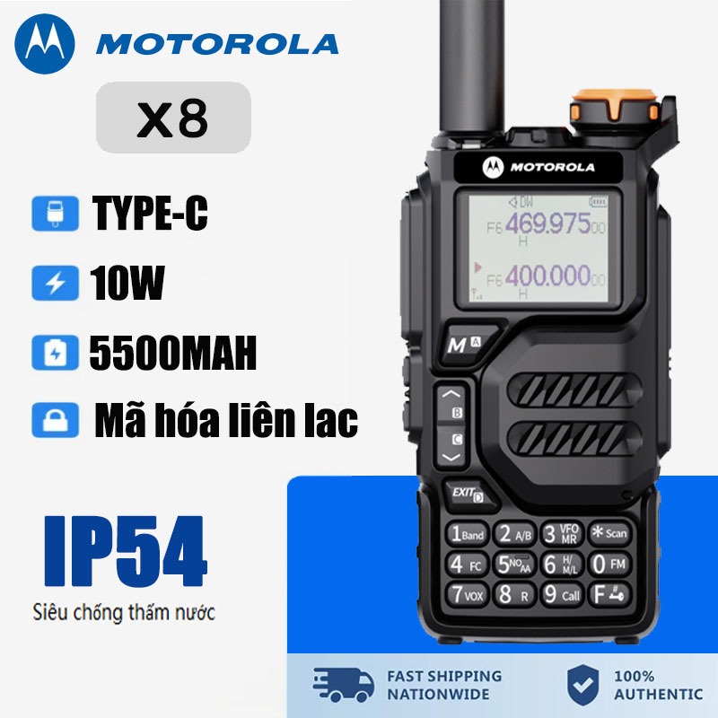 Bộ Đàm Motorola X8 199 Kênh 10W VHF/UHF Dual Band Pin Dung Lượng Cao 5500Mah USB Type-C Dock Sạc
