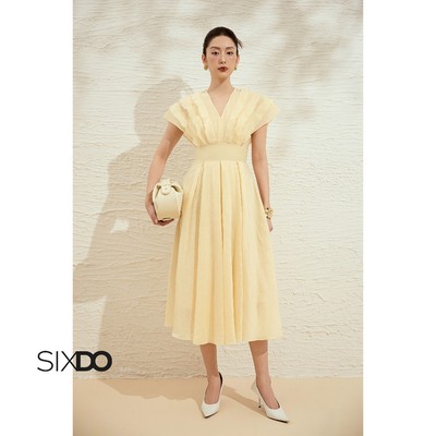 Đầm tơ cổ V phối bèo SIXDO (Light Yellow Organza Flared Dress)