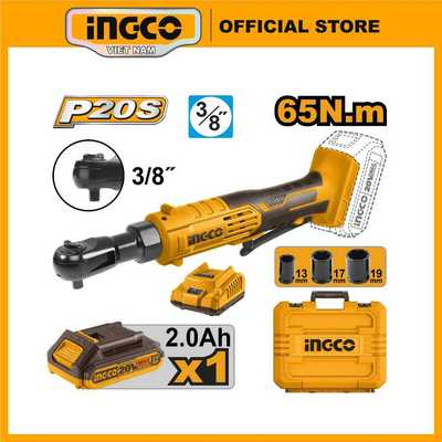 Máy siết bu lông góc dùng pin 20V 65Nm INGCO CDRLI2060152 kèm 3 đầu tuýp bulong 13,17,19mm trục 3/8"