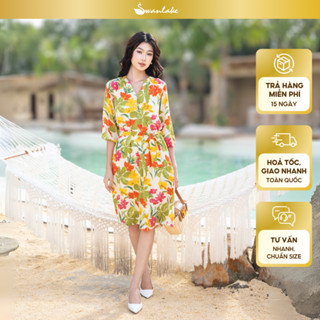 SWANLAKE | Váy Đầm Nữ Suông Dây Thắt Eo Cổ Trụ Đính Nút Vải Linen In Hoa Hè Tay Bí Lỡ Có Túi D12671