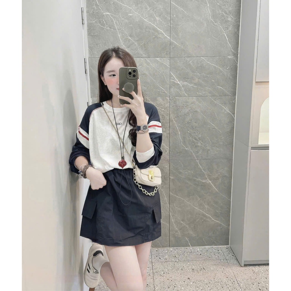 Set áo phông phối tay kẻ mix chân váy năng động, trẻ trung