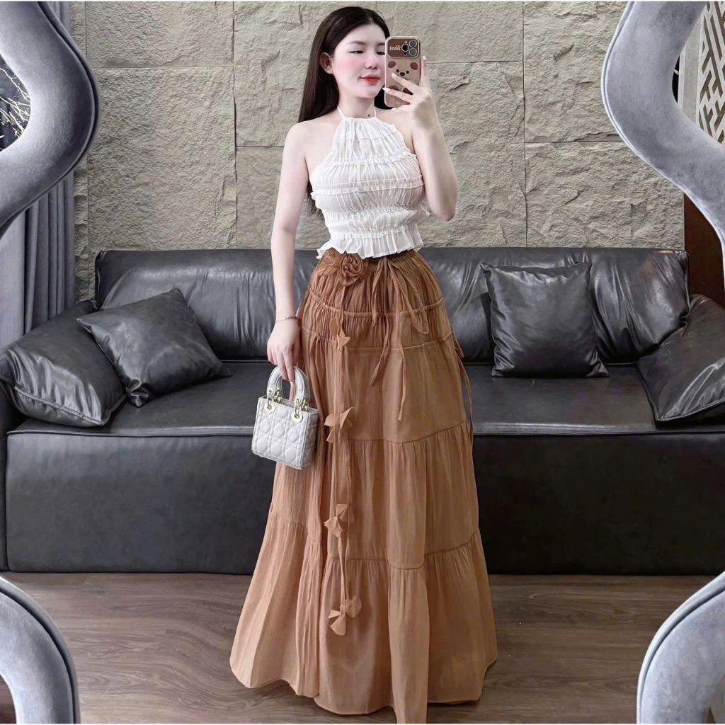 Set bộ váy áo yếm thời trang nữ đi chơi chất áo von tơ cổ yếm không tay chân váy kèm hoa dáng dài ma