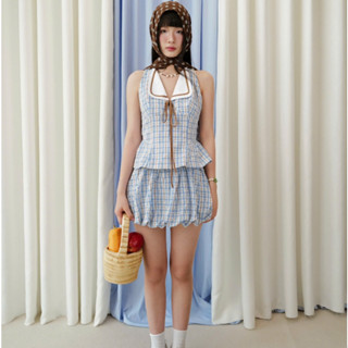  Kuchimachic - Set áo gile mix chân váy bí kẻ caro chất liệu Thô Đũi mã sản phẩm KUS250502 