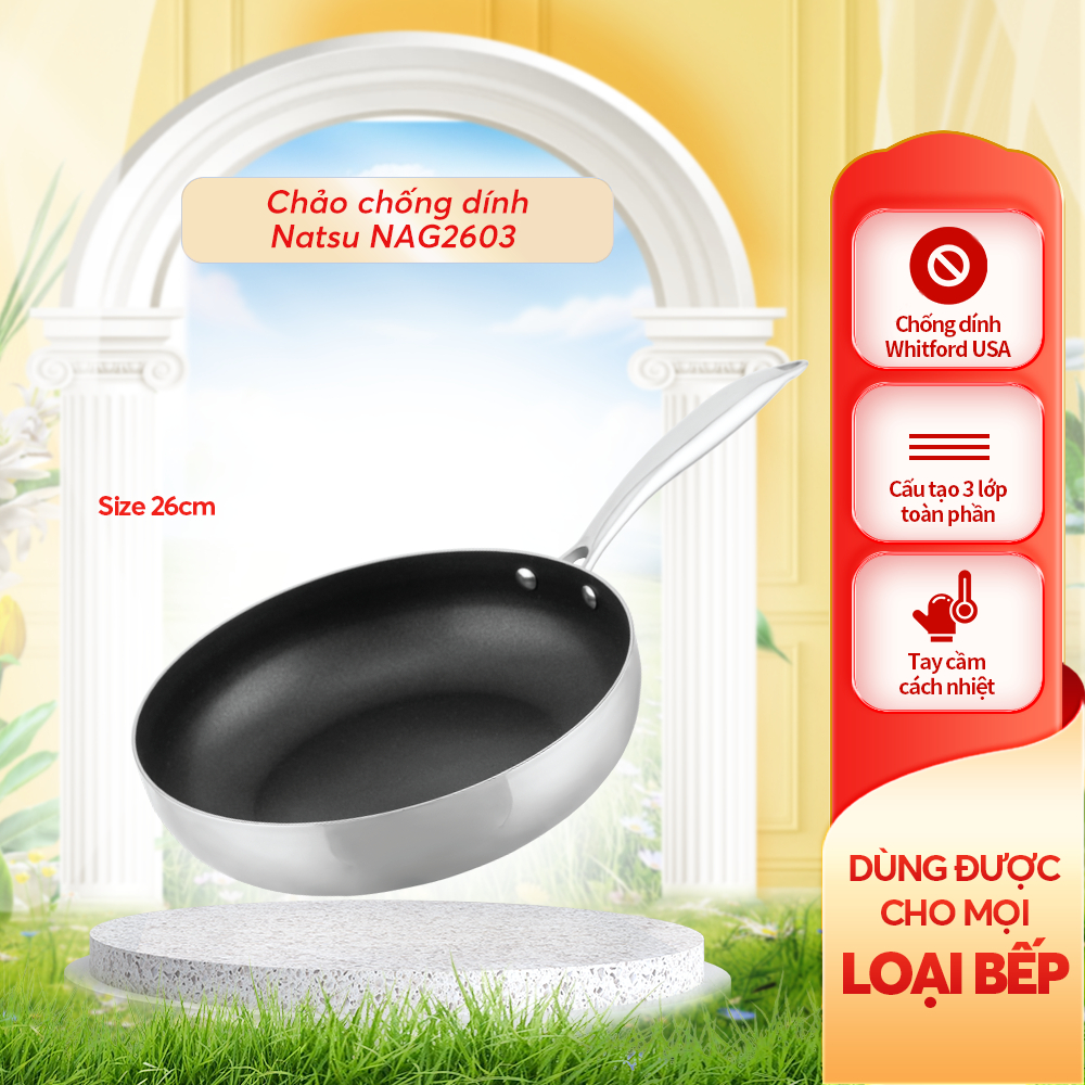 Chảo inox chống dính Nagakawa Natsu NAG2403/NAG2603/NAG2803 - Dùng cho mọi loại bếp - Hàng chính hãn