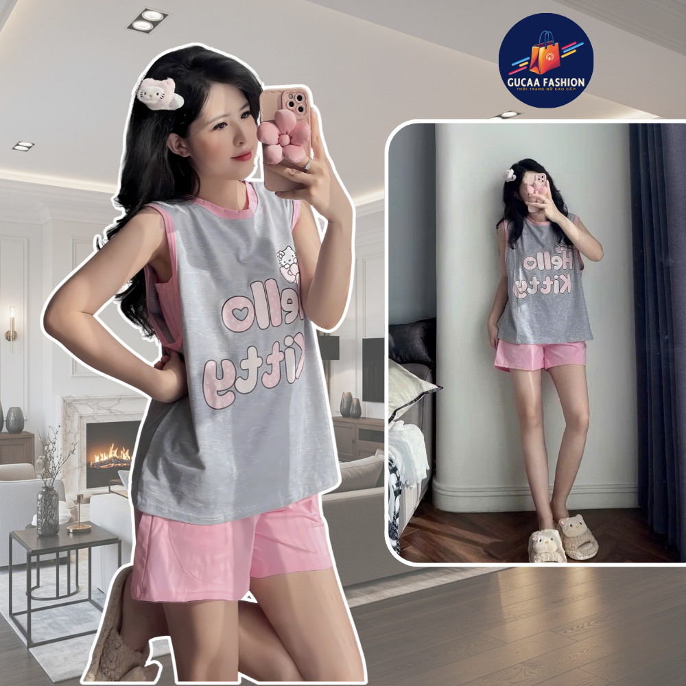 Set đồ nữ girl phố ngắn áo thun ba lỗ quần đùi Hello Kitty bạc hồng freesize