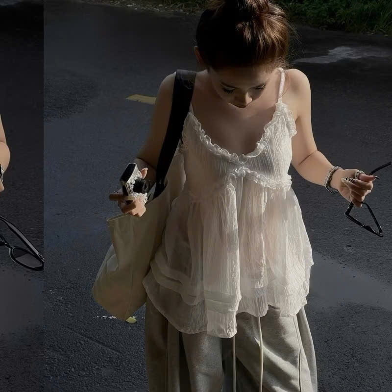 P263 - Áo hai dây babydoll dáng xòe phối bèo phong cách tiểu thư ngọt ngào chất tơ xốp | BigBuy360 - bigbuy360.vn