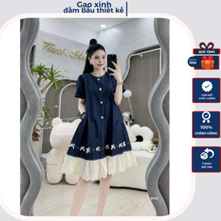 Đầm bầu dáng dài thiết kế , váy bầu xinh công sở mùa hè chất bò giấy phối chân ren cách điệu cúc ngọc cao cấp