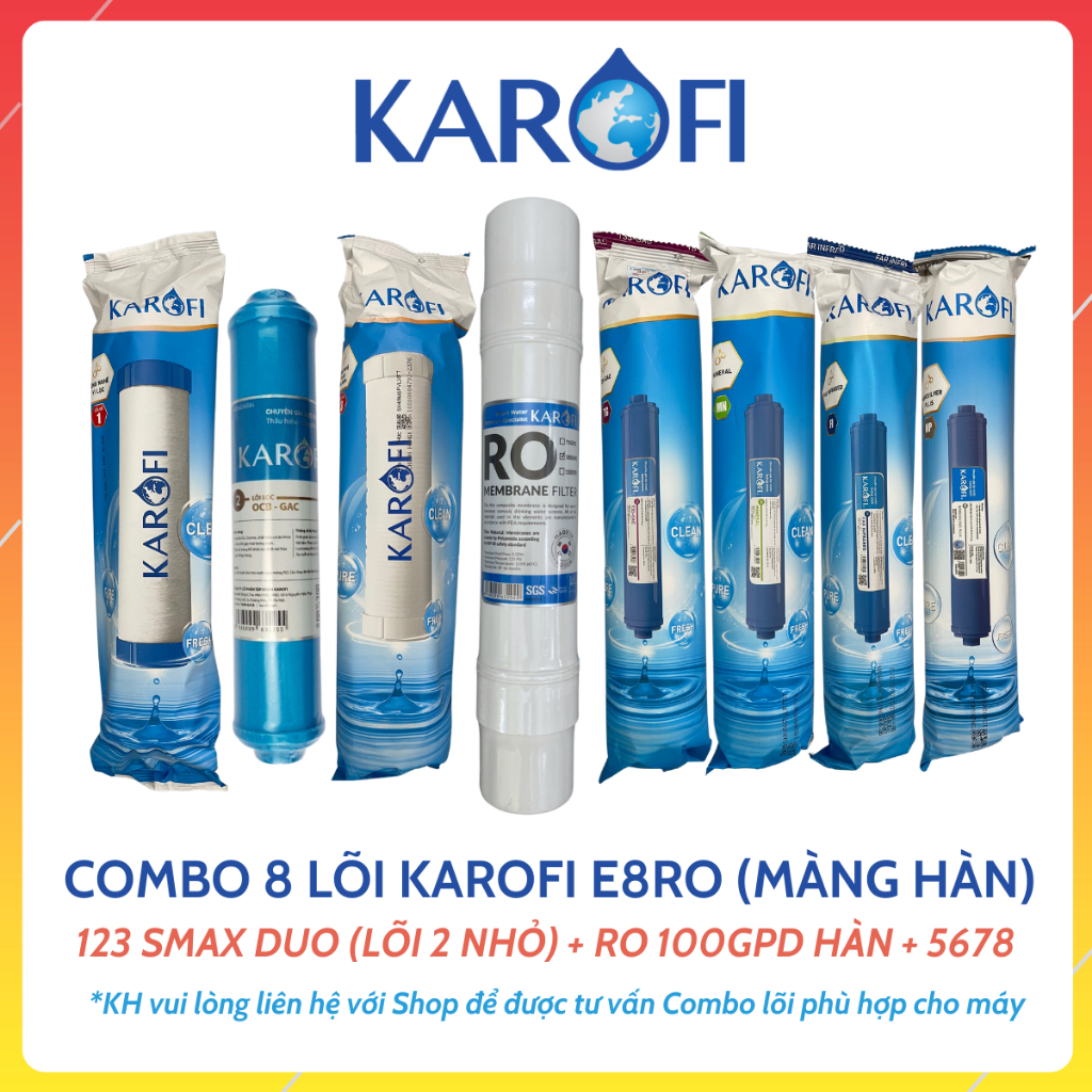 Combo 8 Lõi Lọc Nước KAROFI Dùng Cho Máy Lọc Nước KAROFI E8RO - Màng RO 100GPD đúc Hàn (Màng RO 50GP