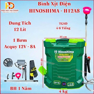  Bình xịt điện 12 Lít. HINOSHIMA H12A8. Ắc Quy 12V 8A. Dùng 15-20 Bình liên tục. Bảo hành 1 Năm 