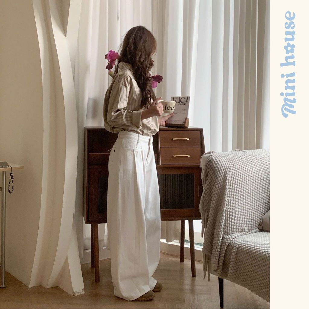 𝐌𝐢𝐧𝐢 𝐇𝐨𝐮𝐬𝐞 - Quần kaki xếp ly trắng White Jeans form ống rộng cho nữ | BigBuy360 - bigbuy360.vn